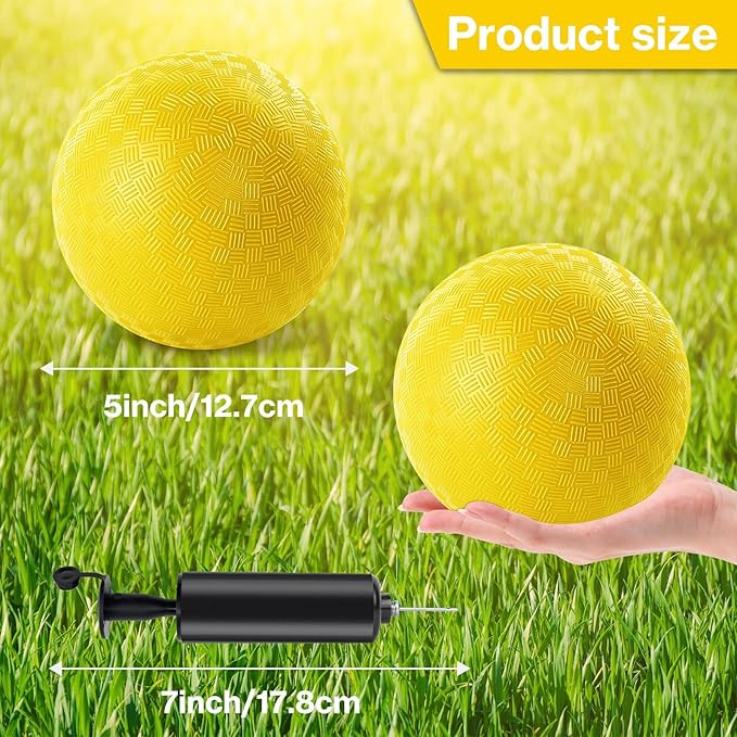 12 Pack Dodgeballs 5 Inch Playground Ball Kickball Yellow Inflatable Rubber Handball Bouncy Dodge Ball with 1 Hand Pump for Outdoors Ball Games Gym Camps Picnic