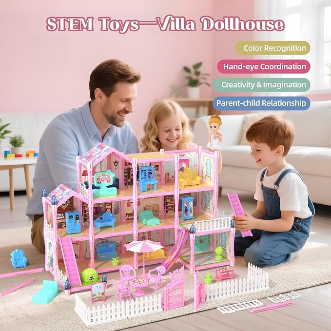 Doll House for Girls with Lights, 3 Dolls, 4 Floors -13 Rooms, 7 Sets of Furniture and Accessories, Design and Build Gift for 3 4 5 6 7 8+ Year Old Girls
