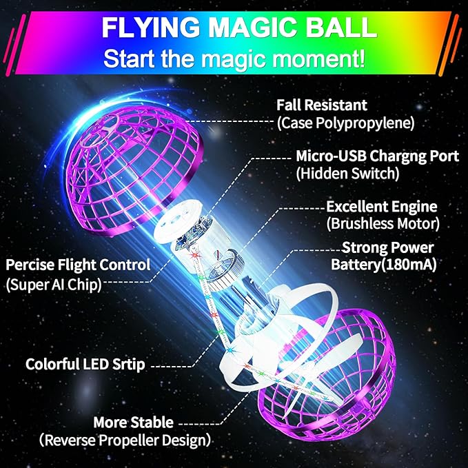 Flying Orb Ball Toy,2025 Upgraded Parachute LED,Magic Hand Controlled Flying Gravity Ball,Cosmic Globe Boomerang,Cool Christmas Birthday Gift for 6 7 8 9 10+ Year Old Boys Girls-Red & Purple