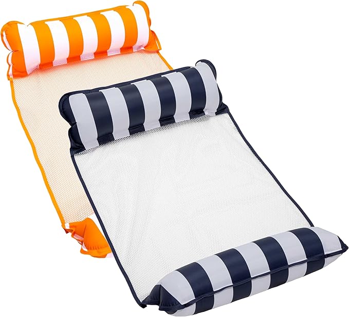 Aqua Original 4-in-1 Monterey Hammock Pool Float & Water Hammock – Multi-Purpose, Inflatable Pool Floats for Adults – Patented Thick, Non-Stick PVC Material – One Navy Blue & One Orange, 2-Pack