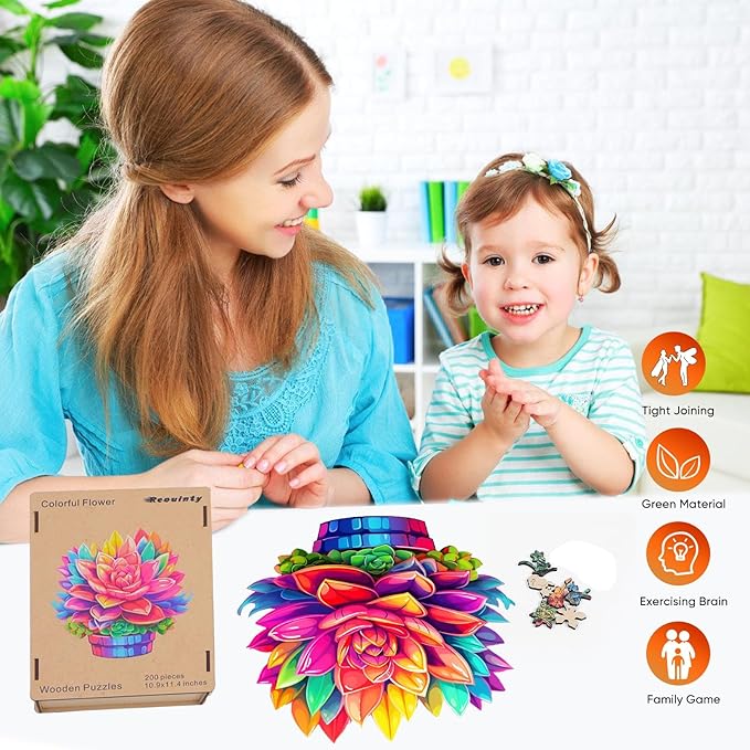 Reouinty Mother's Day Wooden Puzzles for Adults, Colorful Flower Pot Jigsaw Puzzle, Unique Plant Shaped Puzzle Pieces, Wood Puzzle with Beautiful Package, Best Gift for Family Game 11.2x11.2 in