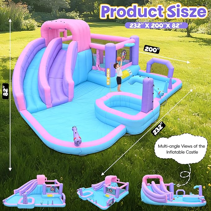 10-in-1 Inflatable Water Slide for Kids Giant 19.3Ft x 16.6Ft Backyard Water Park with Dual Slides, Deep Pool, Outdoor Bounce House Water Slide with Sports Zone, Includes 850W Blower