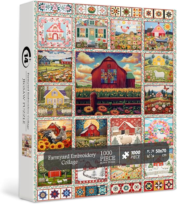 PICKFORU Farmyard Collage Puzzles for Adults, Vintage Animal Farm Barn Jigsaw Puzzles 1000 Pieces Rooster, Challenging Unique Retro Scene Theme as Wall Decor