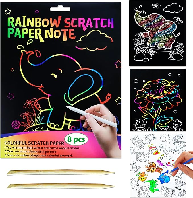 JUNQIU Scratch Art for Kids, Rainbow Scratch Paper Art Set - Animals, Arts and Crafts for Girls Boys Ages 4-8, Activity & Christmas Crafts, Stocking Stuffers for Kids