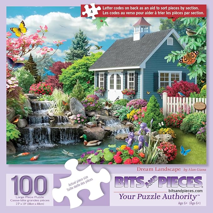 Bits and Pieces 100 Piece Jigsaw Puzzle for Adults Dream Landscape - Spring Flowers Birds Jigsaw Puzzle by Alan Giana, Completed Puzzle Size: 15" x 19"