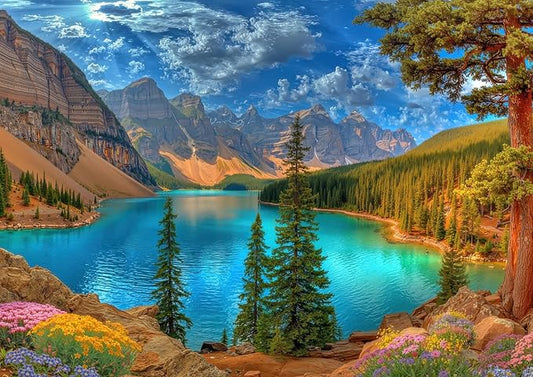 Turquoise Mountain Lake 1000 Piece Puzzle for Adults - Rocky Mountain Peaks & Forest Art, Poster & Lettered Back, 28"x20" HD, Gift for Nature & Landscape Lovers