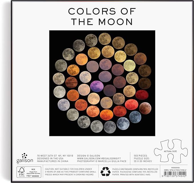 Galison Colors of The Moon 500 Piece Puzzle from Galison - 20" x 20" Puzzle, Photographic Imagery of The of The Moon, Thick & Sturdy Pieces, Fun and Challenging Activity for Adults