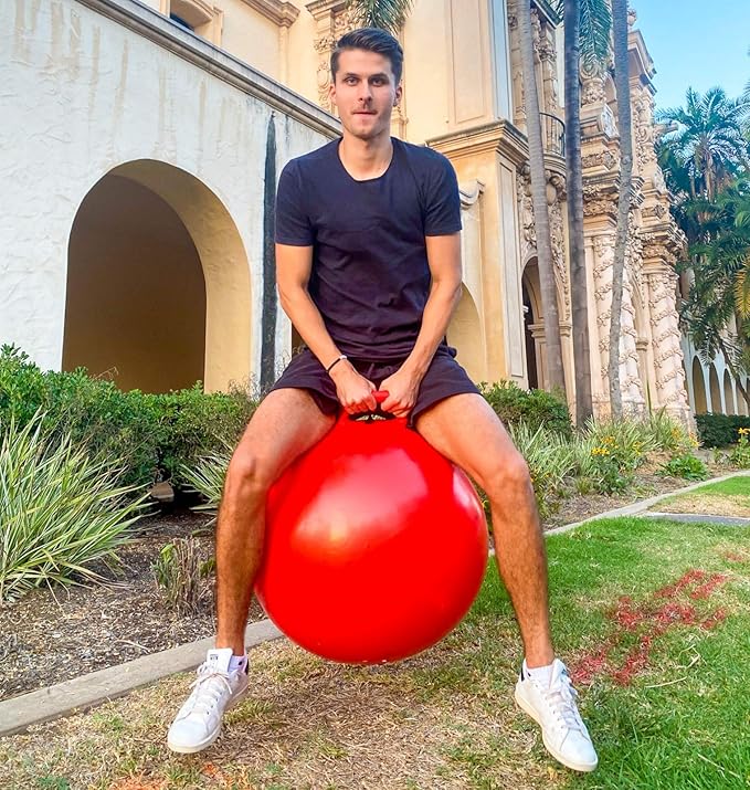 AppleRound Space Hopper Ball with Air Pump: 28in/70cm Diameter for Age 13+, Kangaroo Bouncer, Bouncy Ball with Handle, Hippity Hoppity Hopball for Teens & Adults, Plain Color (Red)