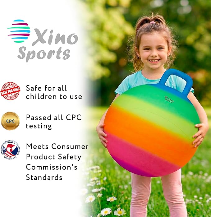 Xino Sports Hopping Ball for Kids - Rainbow Bouncy Ball with Handle, Fun Indoor and Outdoor Toy for Exercise & Play, Hopper for Jumping, Safe and Durable (18 Inch Diameter)