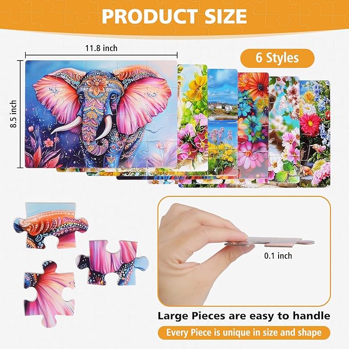 6 Packs 20 Large Piece Puzzles for Seniors with Dementia│Alzheimer’s Puzzles Memory Cognitive Games Easy Jigsaw Puzzles for Elderly Seniors with 6 Storage Bags(Animal)