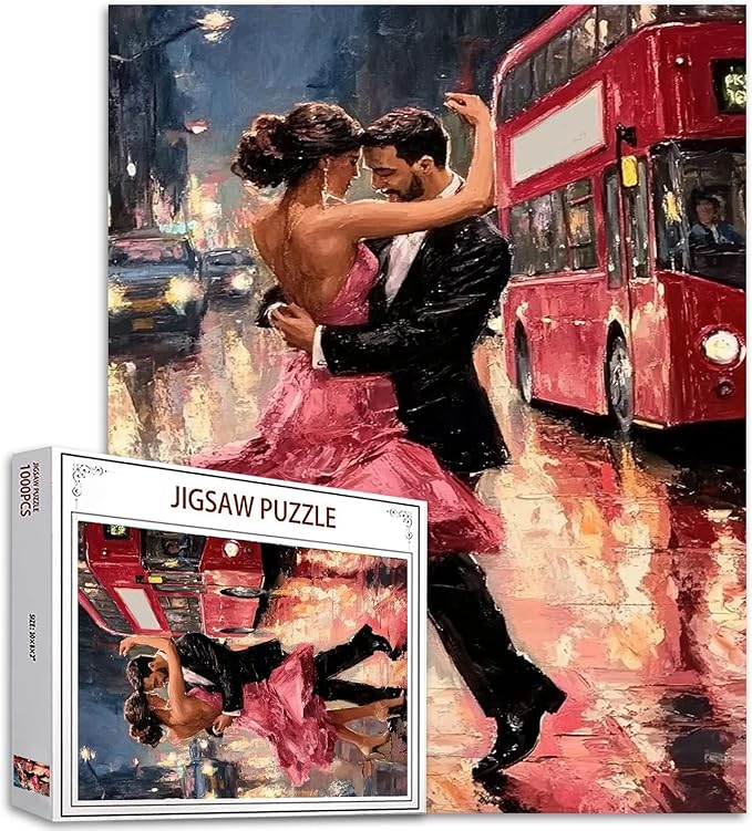 Romantic Dancing Couple 1000 Piece Jigsaw Puzzles for Adults Man and Woman Painting Jigsaw Puzzle Cityscape,Bus 1000 Pieces Puzzles Game Home Wall Decor DIY Craft Valentines Puzzle Art(Colorful)