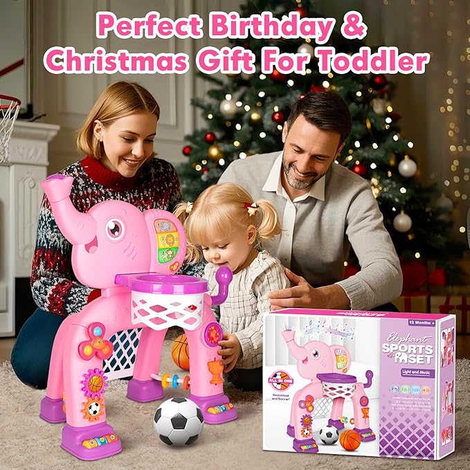 Toddler Basketball Hoop & Soccer Goal, Toys for 1 2 3 Year Old Boys Girls, Kids Sports Toy with Light Sound Music, Montessori Toys for Baby 12-18 Months, Christmas Birthday Gifts for Ages 1-3(Pink）