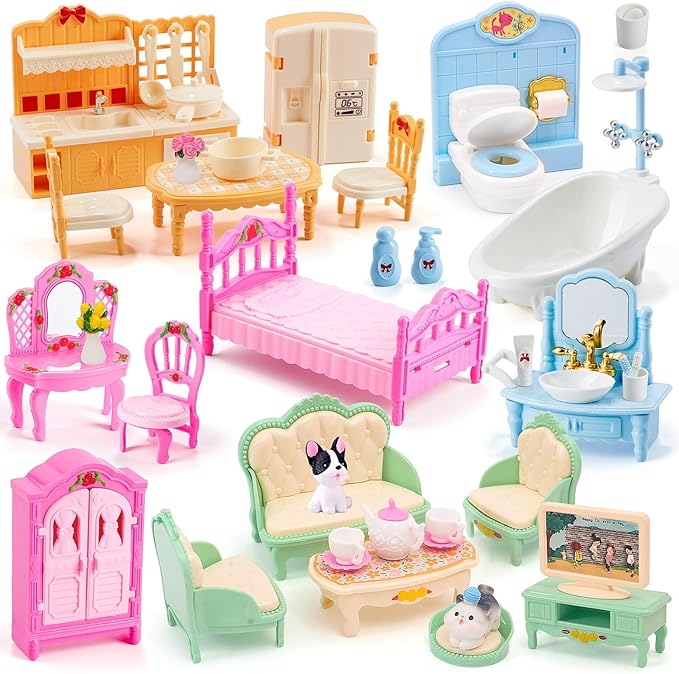 HAPGFS 45 Pcs Dollhouse Furniture Set Accessories Pretend Play Bedroom Living Room Bathroom Kitchen Doll House Mini Furniture for Kids Birthday and Christmas 4 Colors