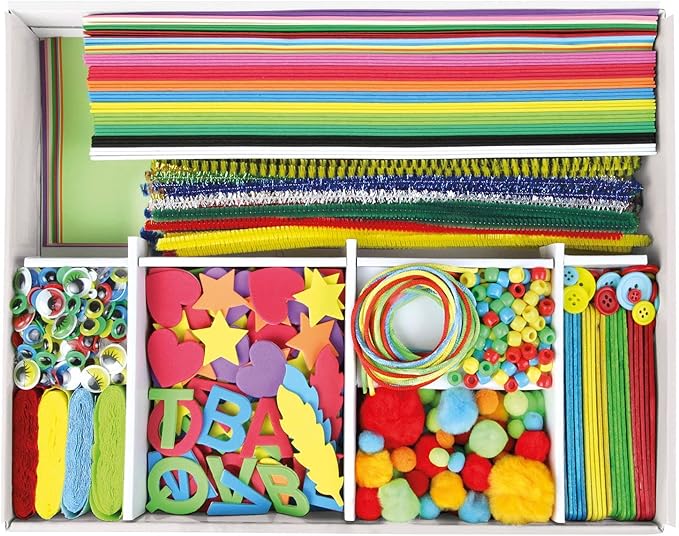 Lena 42629 case with Various Material for handcrafts, with Foam Rubber, Paper, Beads, Pompoms, Satin Ribbons, Buttons, Saucer Eyes and Much More, from 5 Years of Age, Jumbo 800 Colourful, 800 Teile