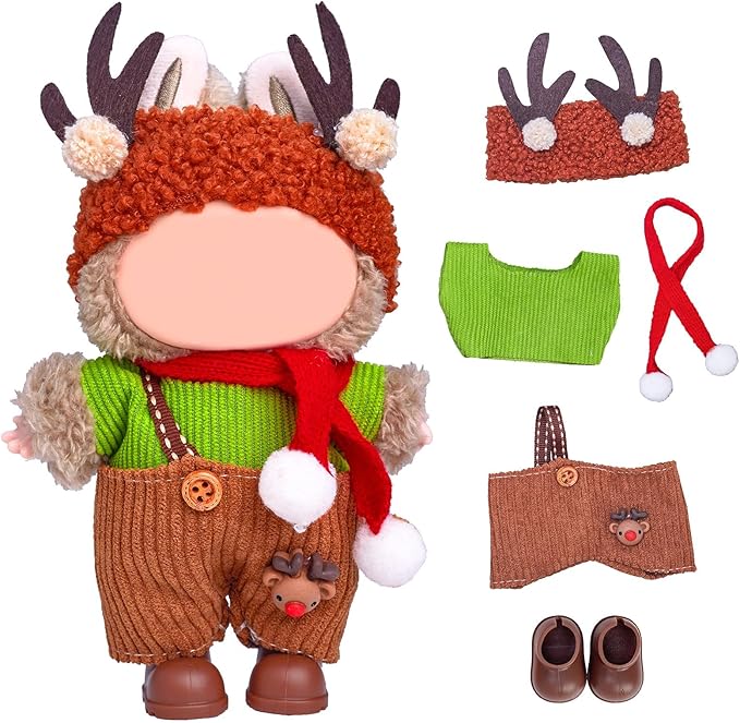 Clothes for Labubu 17cm Doll (NO Doll), 5 Piece Labubu Clothes Set, Cute Labubu Outfits with Accessories, Handmade Crochet La Bubu Doll Dress Up Set（Christmas Reindeer）