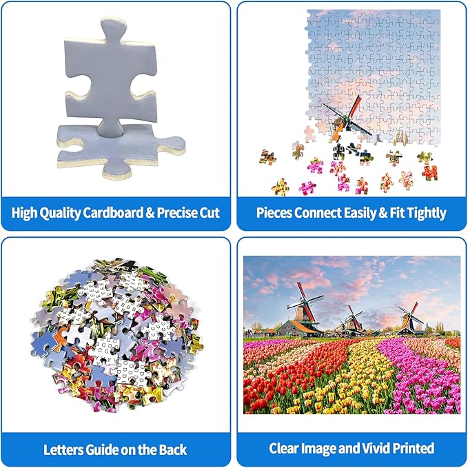 Jigsaw Puzzles 1000 Pieces for Adults Holland Tulip Fields 1000 Piece Puzzle Dutch Windmill Puzzle 1000 Pieces Tulips Flowers Puzzles Holland Landscape Puzzle Flower Jigsaw Puzzles for Adults Teens