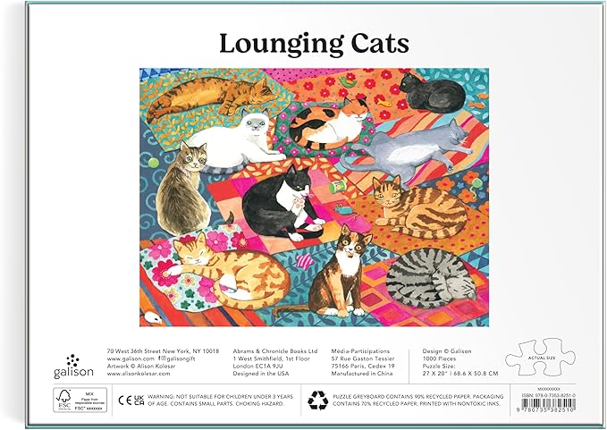 Galison Lounging Cats – 1000 Piece Jigsaw Puzzle Featuring Beautiful Artwork of A Variety of Feline Friends Lounging On Colorful Quilts