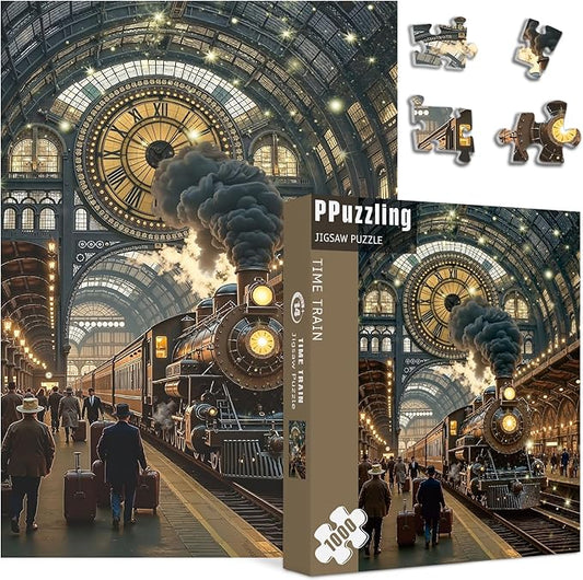 Vintage Train Puzzles for Adults 1000 Pieces, Steam Train Station Art Jigsaw Puzzle, Classic Railway Scenery Puzzles as Home Wall Art