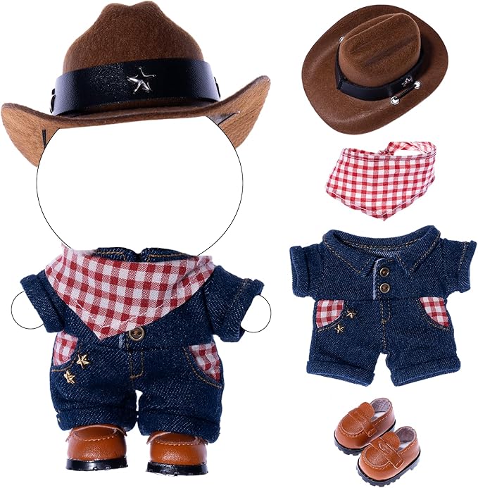 Cowboy Outfit for Dolls – 4-Piece Western Set with Denim Hat, Plaid Scarf, One-Piece Jumpsuit & Brown Boots – Doll Clothes Accessories Only