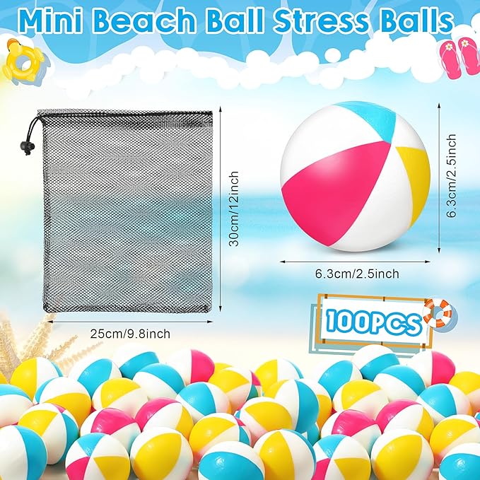 Hungdao 100 Pcs Mini Beach Stress Balls Bulk 2.5" Rainbow Squeeze Small Relief Stress Beach Balls Toys Bulk with Storage Bag for Summer Pool Water Games Hawaiian Birthday Party Favors (Bright Colors)