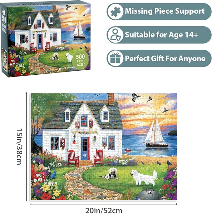 Puzzles for Adults 500 Pieces, Dog Birds Hourse Puzzle, Seaside Jigsaw Puzzles 500 Piece for Adults Seniors, Recycled Cardboard Puzzle for Game Night Family Friends, 20.5x15 in