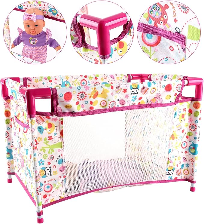 deAO Kids Baby Doll Stroller Nursery Role Play Set with a Variety of Feeding Toy and Play Mat Travel Cot Baby Carrier Stroller and Travel Bag