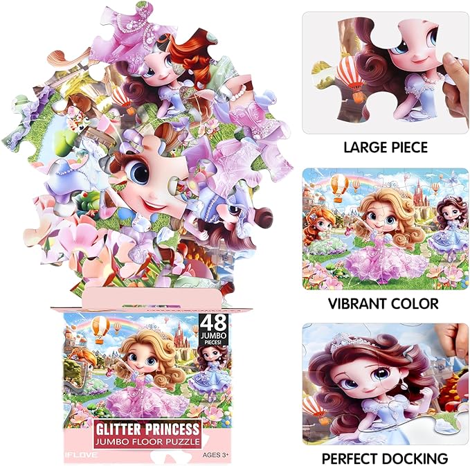 Jumbo Floor Puzzle for Kids,48 Piece Princess Large Jigsaw Puzzles,Puzzle for Toddler Ages 3-5,Preschool Educational Intellectual Development Toy Easter Gift for Boys & Girls Ages 4-8