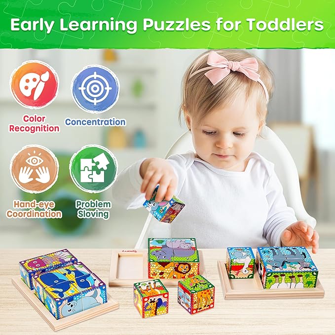 SYNARRY Wooden Puzzles for Toddlers 1-3, Farm Jungle Ocean Animals Puzzles for Toddlers 2-4, Wooden Cube Puzzle with Storage Tray, Large Block Montessori Toys for 1 2 3 Year Old, Easter Gifts for Kids