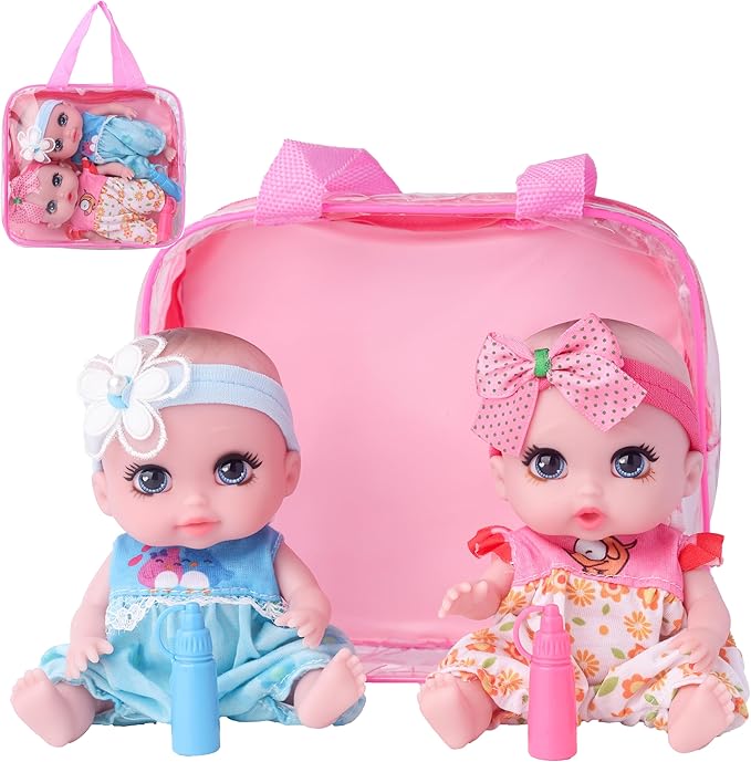 6 Inch Small Baby Doll Handbag Bag Set with Little Bottle，All Vinyl Reborn Baby Dolls Nursing Set for Kids.Easter Baby Doll Kit (Pink & Blue)