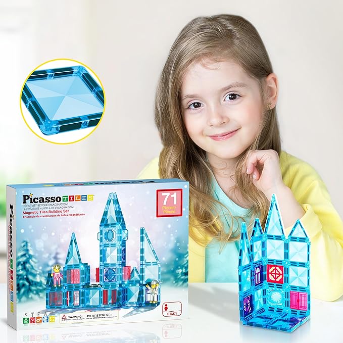 PicassoTiles 71pc Mini Diamond Series Winter Ice Theme Magnetic Tile Building Blocks 2 Character Action Figures Travel Size On-the-Go Magnet Construction Toy Set STEM Development Kit Ages 3+ PTM71