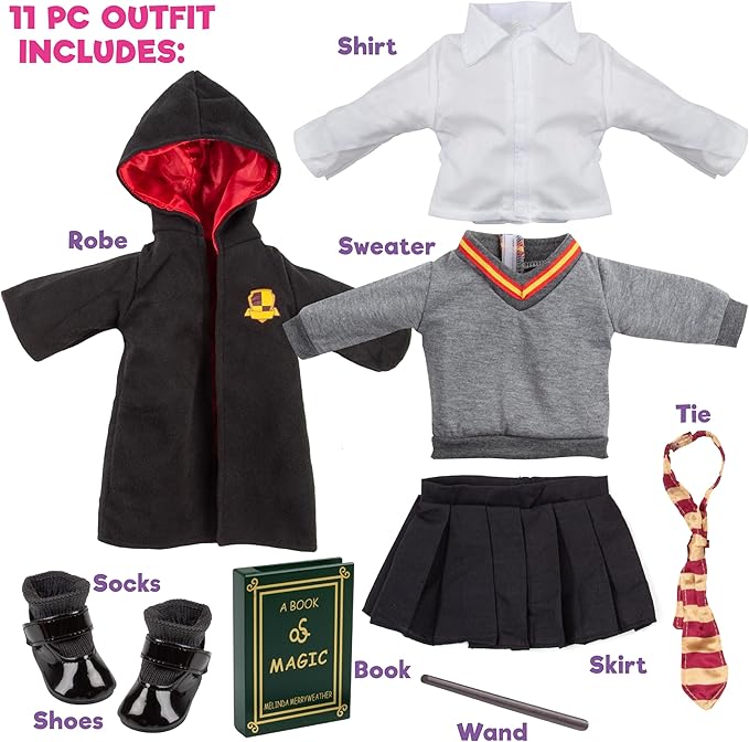 Deluxe 11pc Hermione Granger Inspired 18" Doll Outfit-Compatible w American Girl Outfit & Accessories Set w Robe, Wand, Book, Sweater, Shirt, Skirt, Socks, Shoes & Tie- Perfect Easter Basket Stuffer