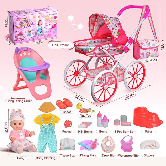 Baby Doll Stroller Set Toys with 12.5'' Baby Dolly, Baby Doll Accessories with Dining Chair&2 Set Clothes&Diaper Changing, Doll Playset for Kids, Pretend Play Girls Toys Gifts for Girls 3 4 5 Year Old