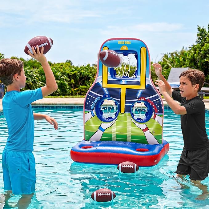 Inflatable Football Toss Pool Game Set – Floating Pool Games for Kids, Teens & Adults, Family, Includes 4 Footballs + 2 Pumps, Summer Swimming Pool Toys for Party, Beach, Lawn, Indoor/Outdoor