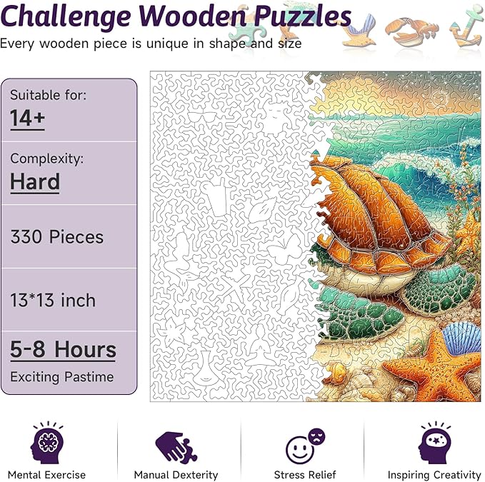 330 Piece Sleepy Sea Turtle Wooden Jigsaw Puzzle for Adults - 13’’ Coastal Beach Scene Puzzle, Unique Animal Shape Wood Cut Puzzles Gift for Ocean & Nature Lovers (Sea Turtle)