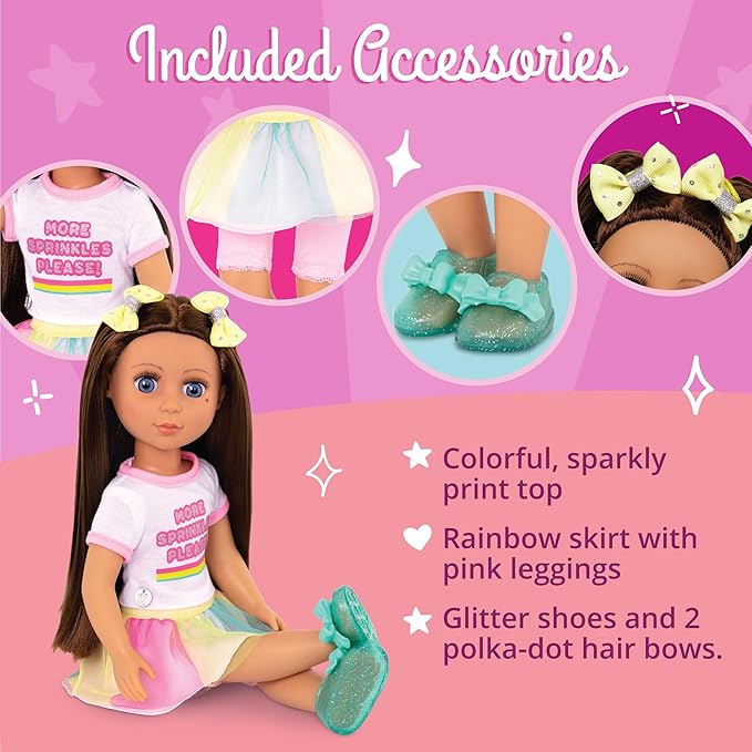 Glitter Girls – 14-Inch Fashion Doll – Brown Hair & Blue Eyes – Ice Cream Outfit & Tutu Skirt– Hair Bow & Glitter Sandals – 3+ Years – Kika