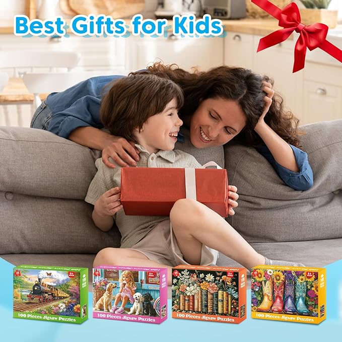 4 Packs 100 Piece Puzzle - Train Girl Vintage Books Boots, 100 Piece Puzzles for Adults Seniors Kids Puzzles for Kids Ages 4-6 6-8 8-10 Educational Jigsaw Puzzle 15"x11"