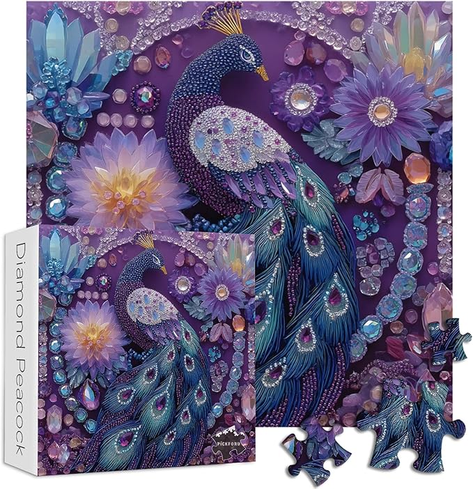 PICKFORU Peacock Puzzles for Adults 1000 Pieces, Purple Diamond Bird Jigsaw Puzzles Flower, Hard Unique Animal Feather Puzzle