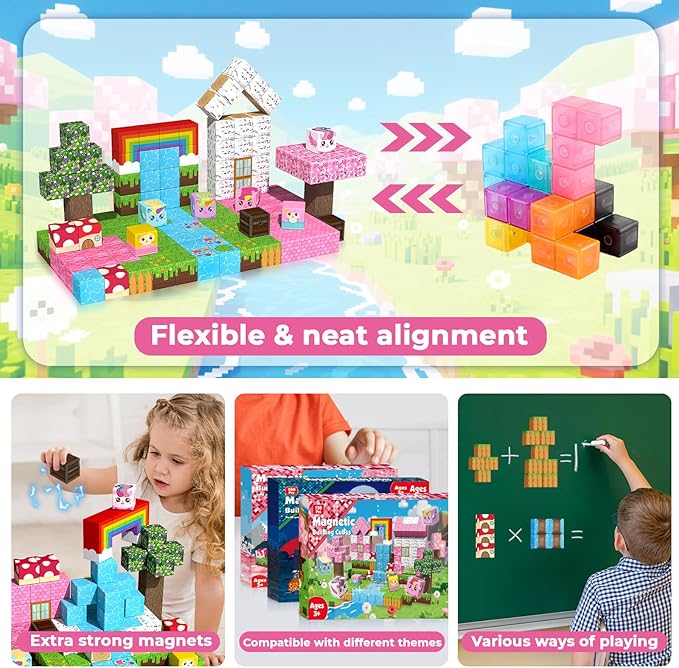Goody King 150PCS Magnetic Blocks - Unicorn Magnetic Building Blocks, Stacking Magnets for Kids, Strong Magnets, Sensory Toy for STEM Learning Toys for Kids 3+ Boys and Girls Easter Birthday Gifts