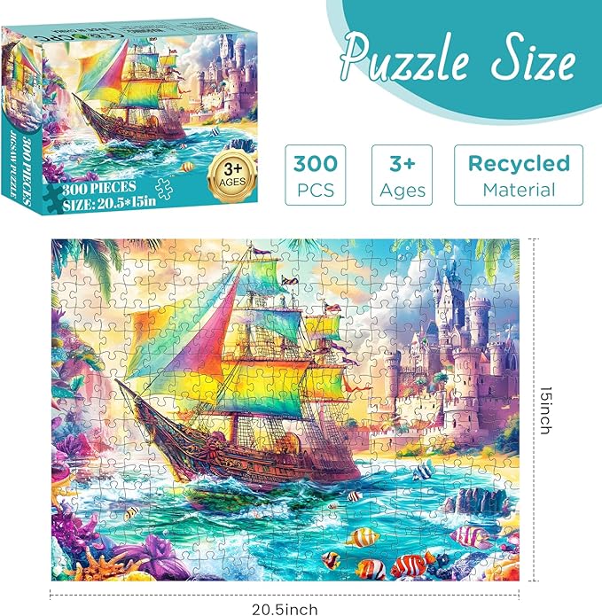 300 Piece Puzzles for Adults – Sea Beach Ship Jigsaw Puzzle, Large 300 Pieces Jigsaw Puzzle for Adults Kids Seniors, Family Fun Puzzle Game & Relaxing Gift, 20.5 x 15