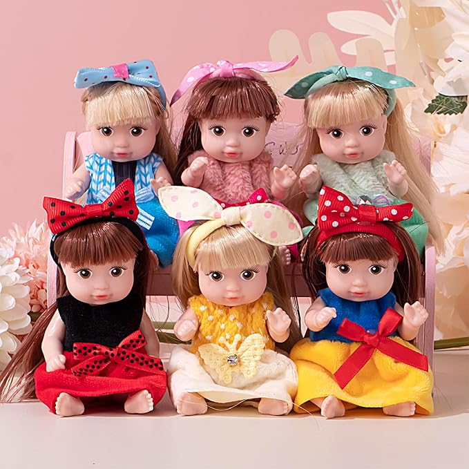 dollbie 6 Pack 4 Inch Mini Fashion Doll Collection - 6 Unique Stylable Hair Dolls with Rotatable Limbs & Cute Outfits | Collectible Toy Gift for Kids
