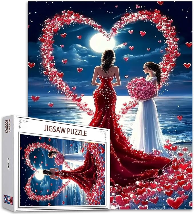 Elegant Girl Jigsaw Puzzles 1000 Pieces for Adults,Families(Woman,Heart,Rose,Seascape,Full Moon) Pieces Fit Together Perfectly 19.7''x27.6''inch Valentines Day Performance Frameable Magic Puzzle Art