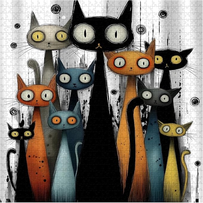 Whimsy Cats Jigsaw Puzzle 1000 Pieces, Funny Cat Puzzles for Adults Abstract Art, Larkipuzz Hard Difficult Cute Animals Theme as Art Decor