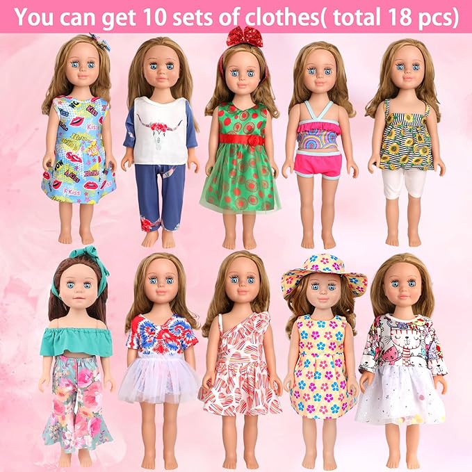 10 Sets of 18 Inch American Doll Clothes, Including 10 of Doll Clothing Dress Outfits for Gift Dolls, Birthday Gifts for Kids