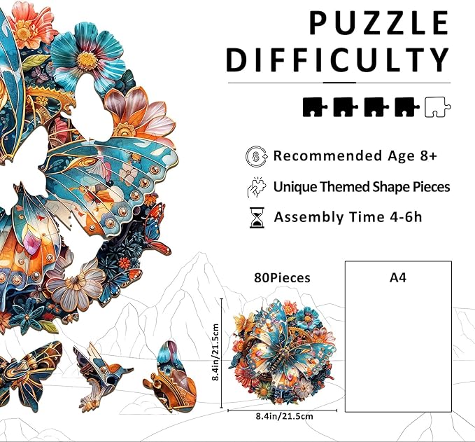 Wooden Jigsaw Puzzles for Adults - Mechanical Butterfly Wood Puzzles Adults - Unique Animal Shape Wooden Puzzles for Adults - Birthday Gifts for Puzzle Lovers, Family (8.4 * 8.4in-100 Pieces)
