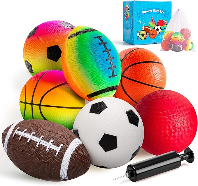 EVERICH TOY Balls for Toddlers 1-3, 7 Pcs 5" Playground Balls for Kids, Soft Rubber Small Sports Ball Set with Football, Basketball, Soccer, Indoor Outdoor Toddler Toys Games Gifts for Boys Girls