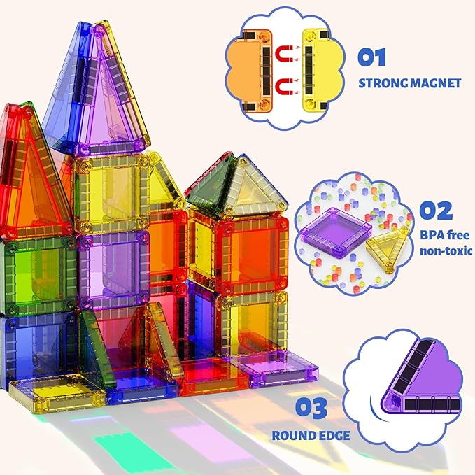 60PCS Mini Magnetic Tiles Travel Set with Metal Storage Box, Magnetic Blocks Kids Toy 3D Clear Magnetictiles Road Trip ‌Essentials Montessori Preschool Classroom Must Haves Xmars Gift for Age 3+