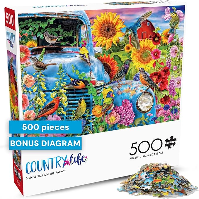Buffalo Games - Songbirds on the Farm - Lars Stewart - 500 Piece Jigsaw Puzzle for Adults - Colorful Birds and Florals - Challenging Puzzle Perfect for Game Nights - Made in USA