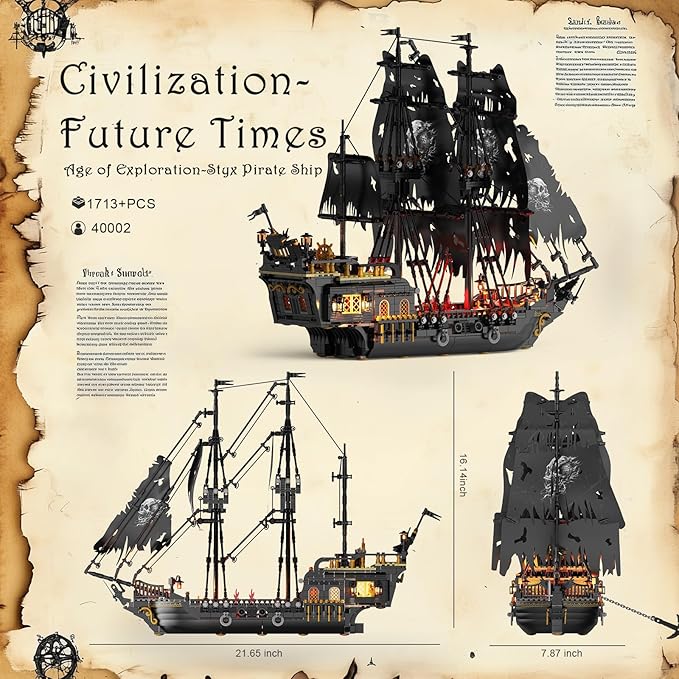 JMBricklayer Pirate Ship Building Toys with Lights, Pearl Pirate Ship Model Boat Kit 40002, Black Ship Toy Building Sets for Adult Teens 14+, Home Office Decor Valentines Gifts(1713 PCS) New Upgrade