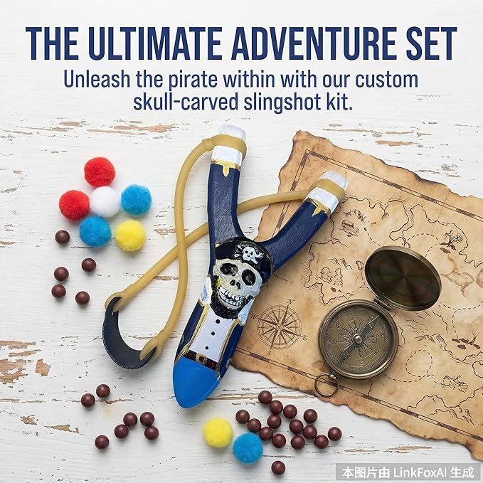 LINJAY Wooden Slingshot for Kids – Handmade Pirate Skull Toy with Extra Bands, Clay Balls & Soft Pom Poms for Outdoor Fun
