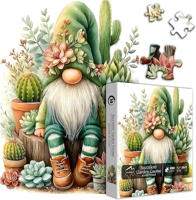 Cactus Gnome Puzzles for Adults 1000 Pieces Funny, Spring Succulent Plant Garden Cute Gnome Jigsaw Puzzles, Nature Flower Themed Challenging for Adults